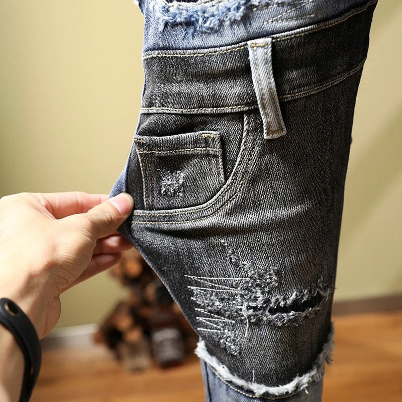 Fashion Designer Men Jeans Retro Blue Elastic Slim Ripped Jeans Men Gray Patched Hip Hop Pants Hombre Spliced Stretch Trousers