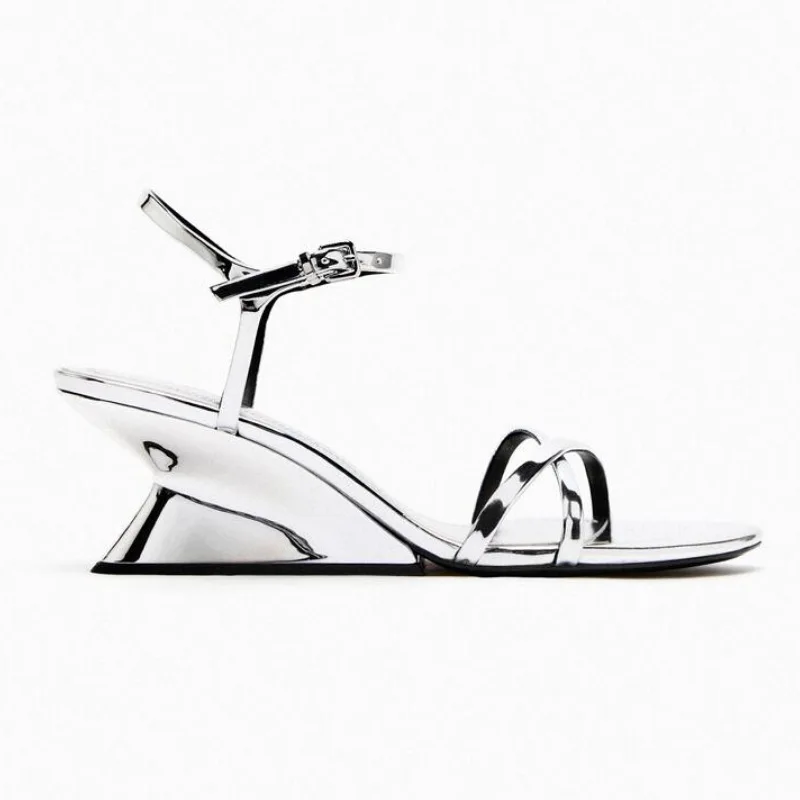 Sexy Fashion High Heel Sandals Women 6 CM Buckle Open Toe Wedge Comfortable Slip On Bohemian Silver Sandals Non-Slip Nightclub