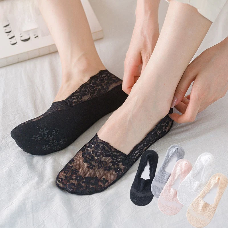 5 Pairs Lace Women Boat Socks Summer Hollow Invisible Socks Silicone Non-slip Cotton Base Sock Rose Flower Shallow Mouth Sock