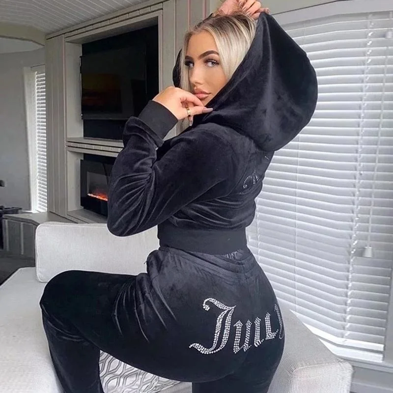 

2023 Winter Juicy Coutoure Tracksuit 2-Piece Set Tracksuit Suit Women Velvet Juicy Sweatshirt and Pants with Diamonds ropa mujer