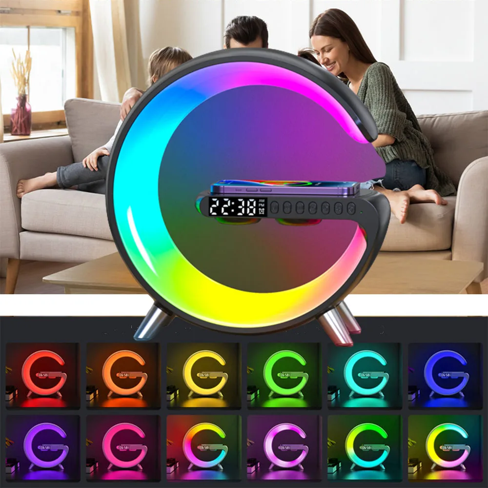 

Светодиодная атмосферная RGB-лампа, многофункциональное Беспроводное зарядное устройство, будильник, динамик, управление через приложение для Iphone 14, 13, 12, 11, 8, ночники