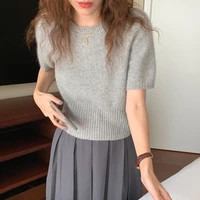 2022 new korean version simple high waist round neck short sleeve womens pullover t shirt top short solid color wool sweater