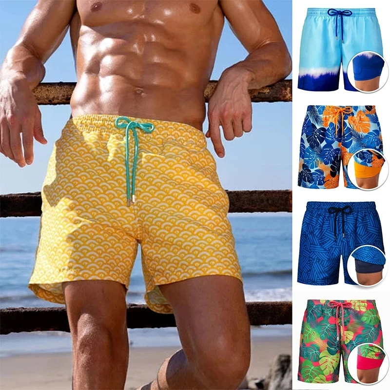 2022 Summer Shorts Men's Beach Pants Sports Pants Printed Double-Layer Shorts Men's Casual Quick-Drying Floral Shorts Men