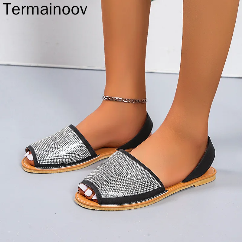 

Termainoov Peep Toe Slippers Women Slip-on Women Sandals Bling Back Strap Big Size 43 Summer Flats New Retro African Slippers