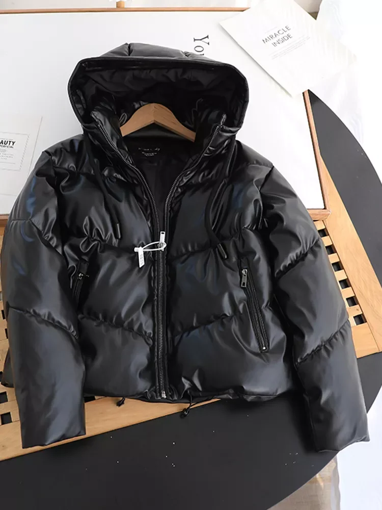 New2022 Loose PU Leather Parkas Women Fashion Hooded Faux Leather Coats Women Elegant Solid Zipper Cotton Jackets Female Ladies