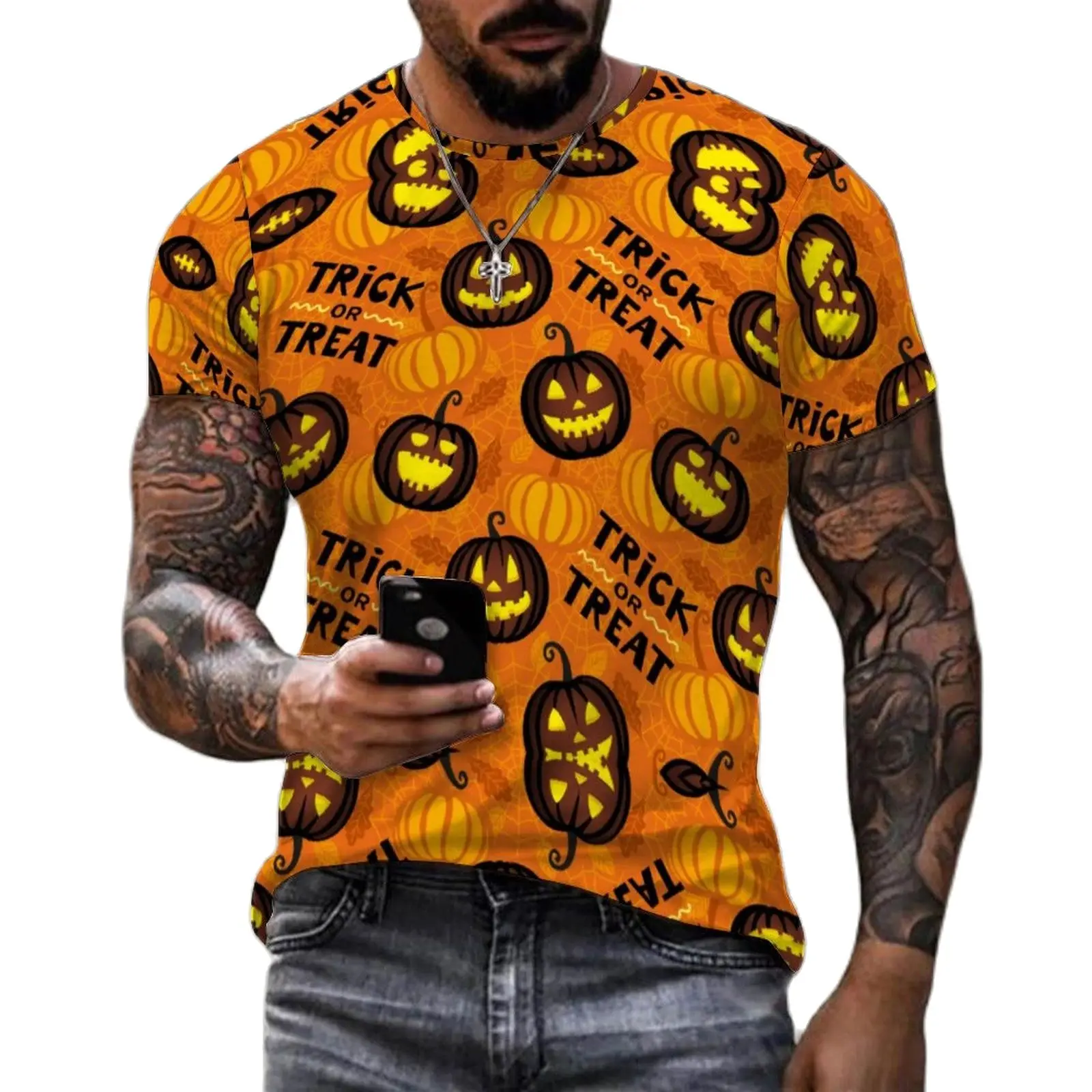 

Horror Halloween Pumpkin Graphic Men's T-shirts Hip Hop Street Summer Round Neck Loose Short Sleeve Tops Oversized T Shirts 6XL