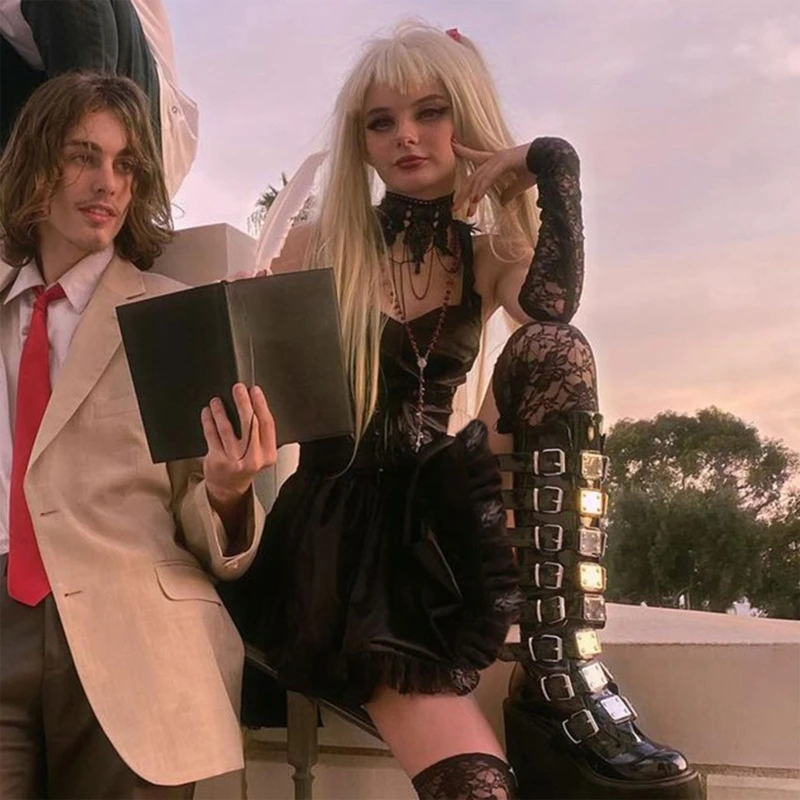 

Women Gothic Sleeveless Black Lace-Up Ruffled Lace Hem Pleated A-Line Mini Dress