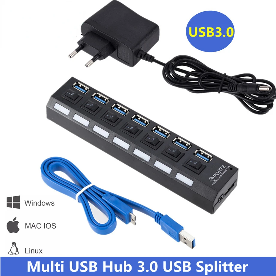 

3.0 Hub USB Hub 3.0 Multi USB Splitter 3 Hab Use Power Adapter 7 Port Multiple Expander 3.0 USB3 Hub with Switch for PC