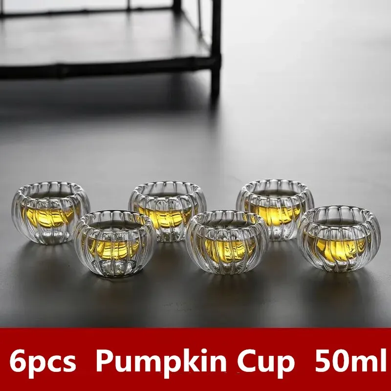 

6Pcs Pumpkin Cup 50ml Double-layer Wall Glass Transparent Small Tea Cup Insulation Teacup Accessories Tea Cups Tools