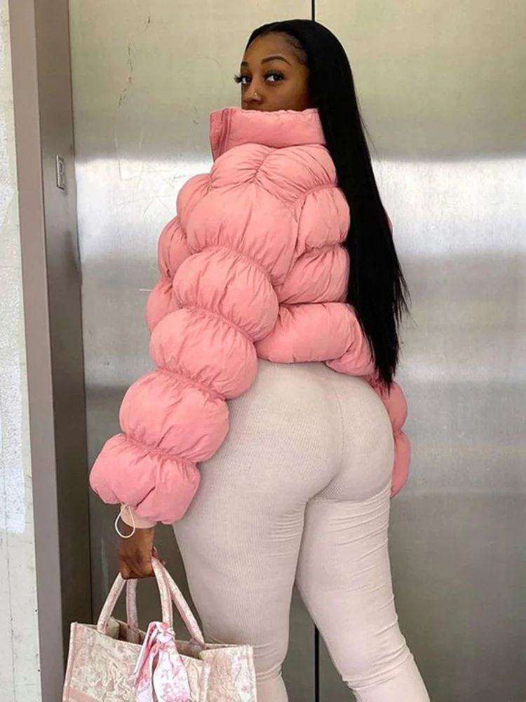 Winter Fashion Stand Collar Zipper Pink Puff Parkas for Women 2022 Casual Warm Cotton Padded Coat Ladies Sweet Jackets Outerwear