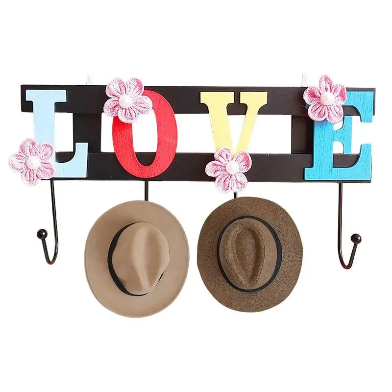 

4 Hooks Wooden Hangers Coat Hangers With Love And Flower Cute Bath Towel Hook For Door Clothing Wall Hat Towel Keychain