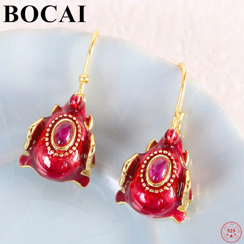 

BOCAI S925 Sterling Silver Earrings 2022 New Fashion Red Corundum Enamel Elephant Jewelry Pure Argentum Ear Drop for Women