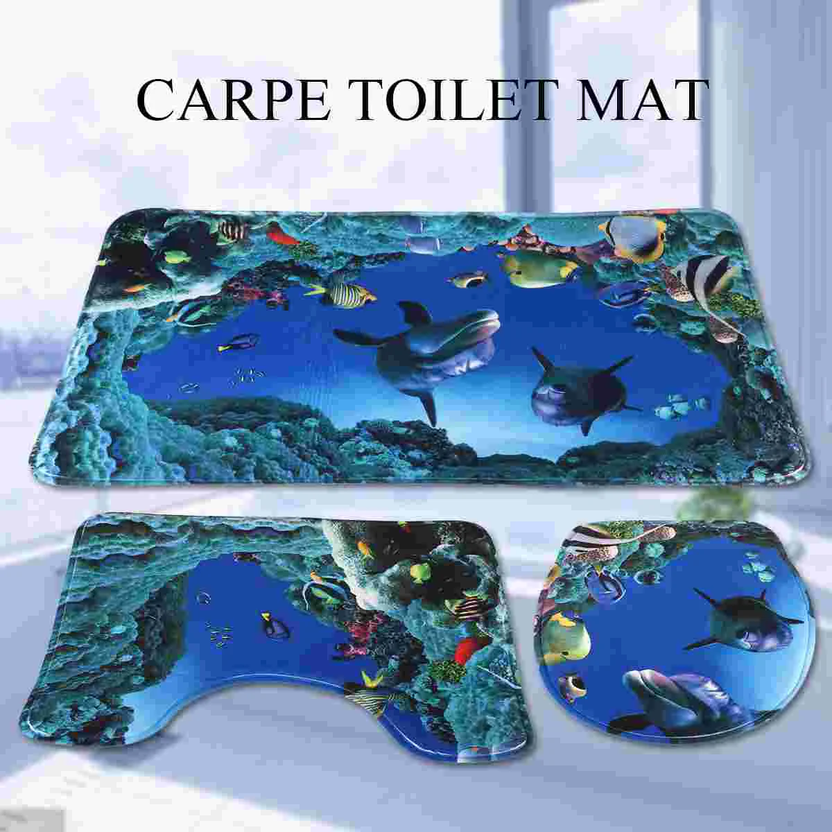 

Mat Toilet Set Dolphin Carpe Piece Underwater World Ocean Style Cover Bathroom Mats Bath Blue