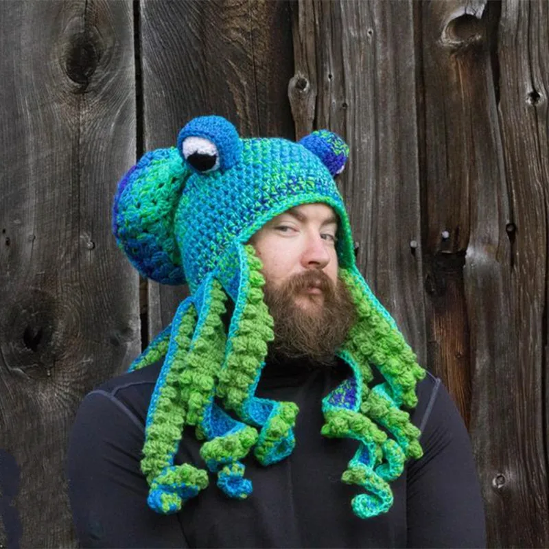 

2022 Autumn Cute Hand Weave Octopus Beard Knit Wool Hats Men Women Halloween Christmas Cosplay Party Warm Couples Beanies Hat