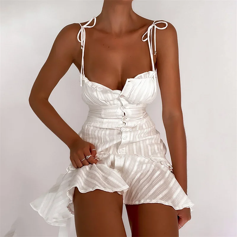 

Французское хлопковое пикантное летнее женское белое платье на бретелях, приталенное темпераментное мини-платье, удобное женское платье Y2k...