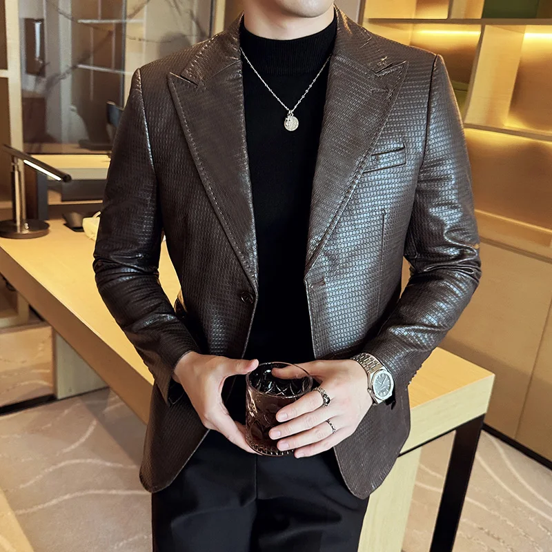 High-Grade Pu Shuai Leather Suit Men's 2024 New Plaid Outerwear Trendy Korean Sle Slim fit Business Casual Jacket