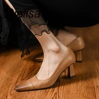 cialisa hot sale sheepskin high heels women shoes pumps vintage brown square toe classics career ladies footwear 2022 autumn