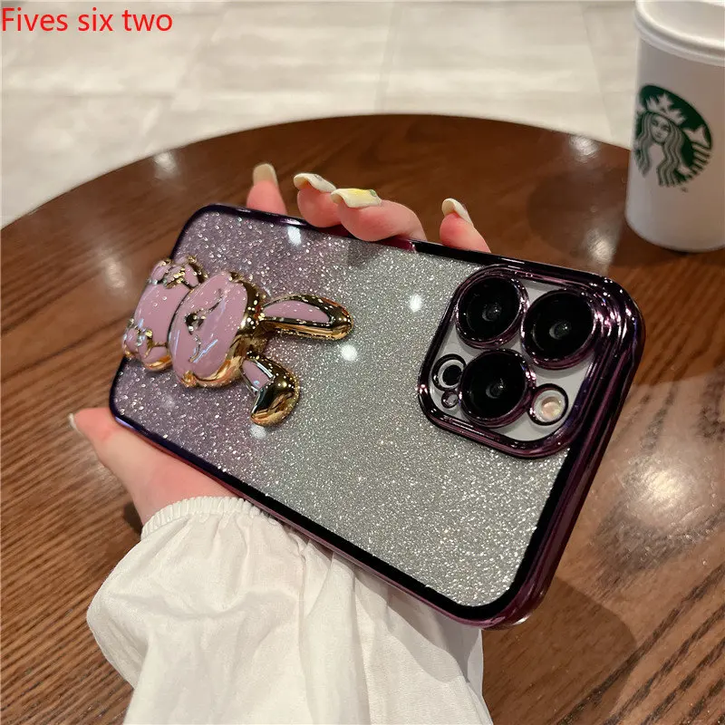 

Luxury Plating Glitter Rabbit Holder Phone Bracket Case For iPhone 14 13 12 11 Pro Max Clear Soft Silicone Protector Cover Coque