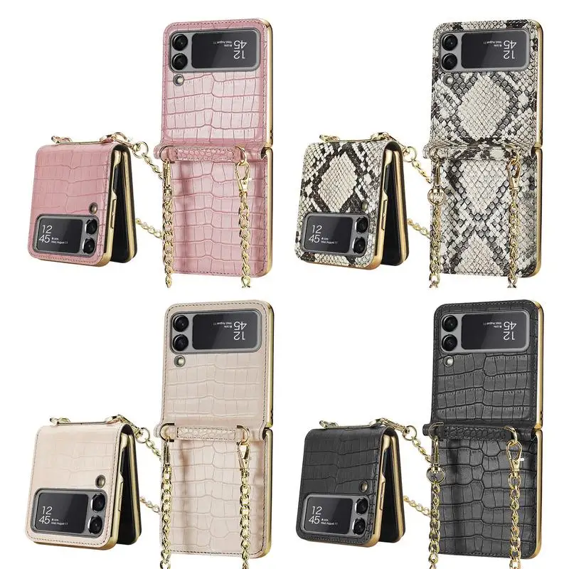 

Case For SamsungGalaxy ZFlip3 5G Magnetic Chain Full Protection Cover Camera Glass Crocodile Leather Back Case With Mirror