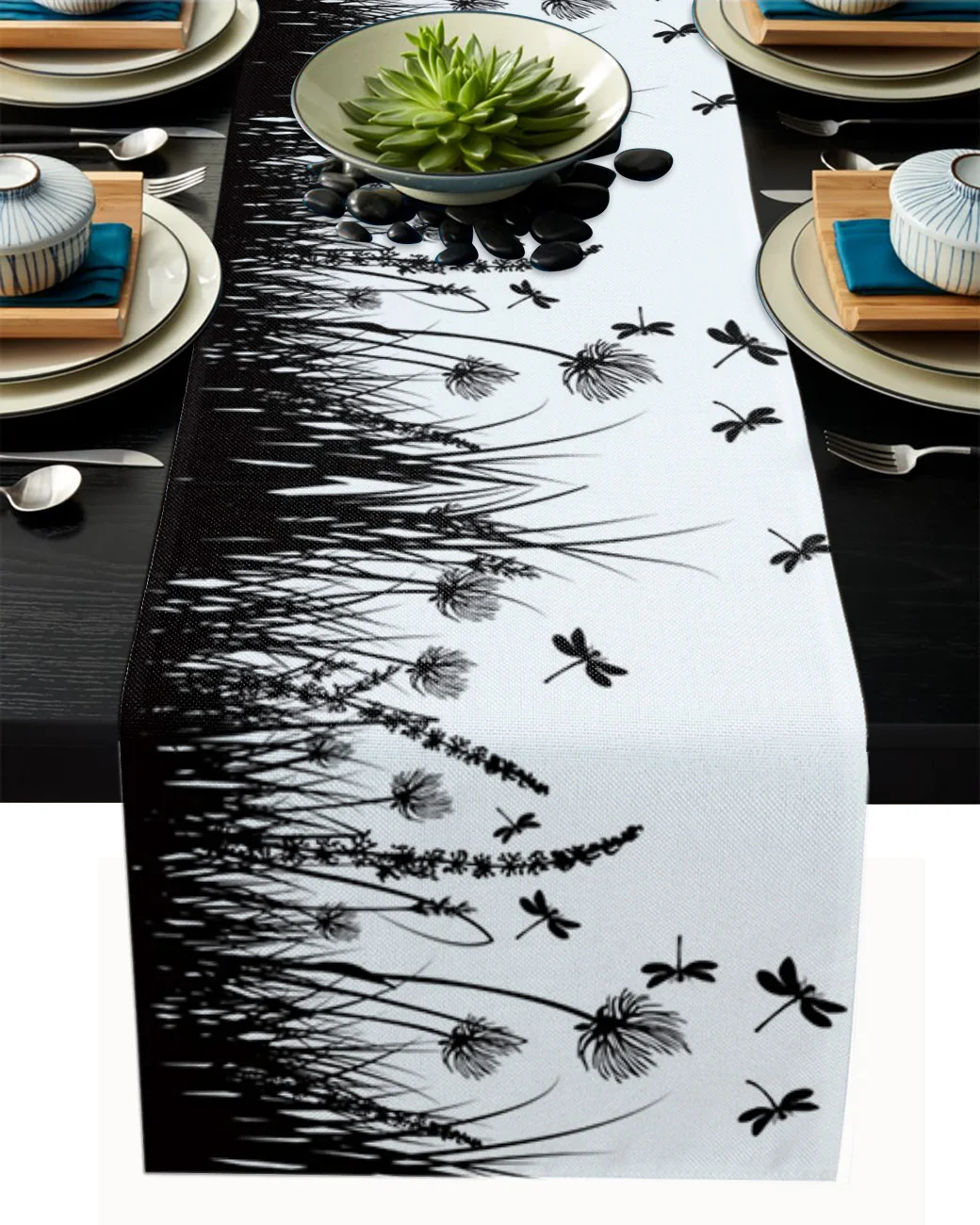 

Flower Grass Dragonfly Black Coffee Table Decor Dinner Table Decoration Wedding Decor Table Runners Modern Wedding Decoration