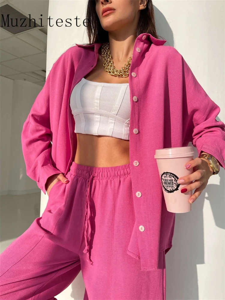 

New Autumn Casual Suit Solid Color Lapel Long Sleeve Shirt Top Harlan Pants Two-piece Set Home Casual Women's Two Piece Suit