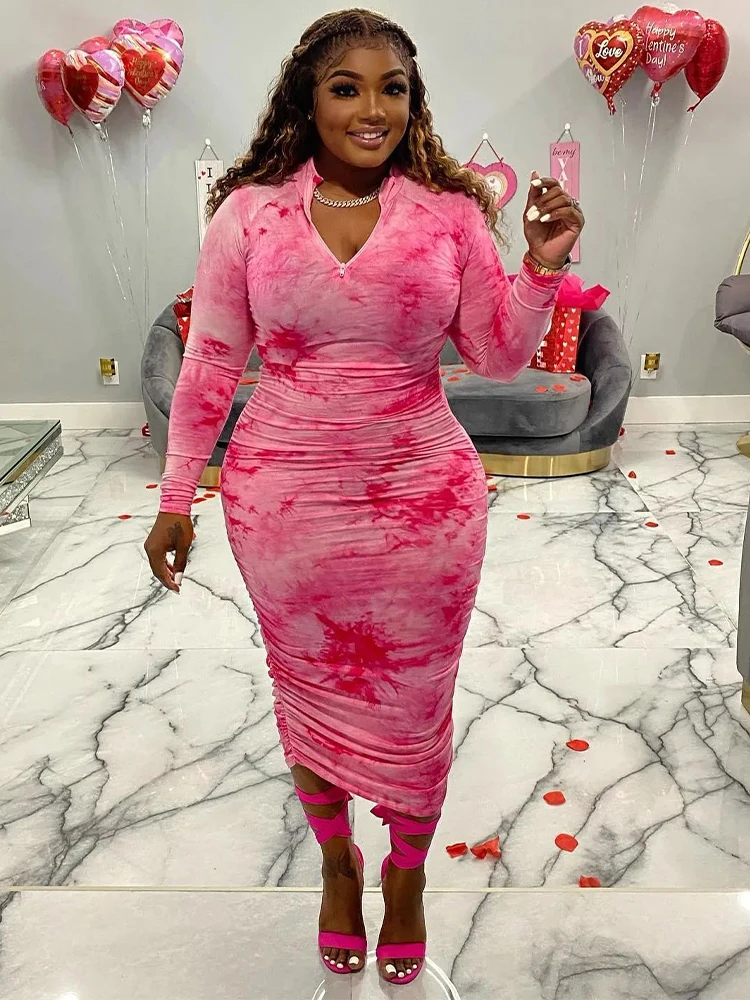 

Vintage Tie Dyeing Print Body-shaping Dress Woman Fashion Stand Collar Long Sleeve Dresses Hipster Zipper Front Bodycon Vestidos