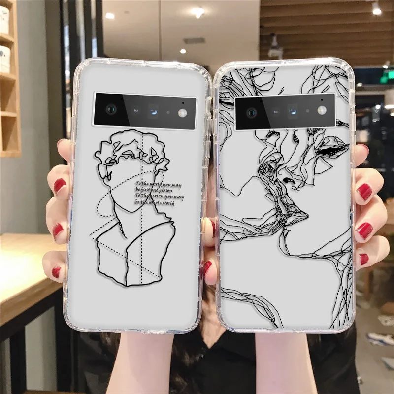

Soft Silicone Phone Case For Google Pixel 6 Pro Case Clear Abstract Line Kiss Face For Google Pixel 6 6Pro Back Cover Funda Capa