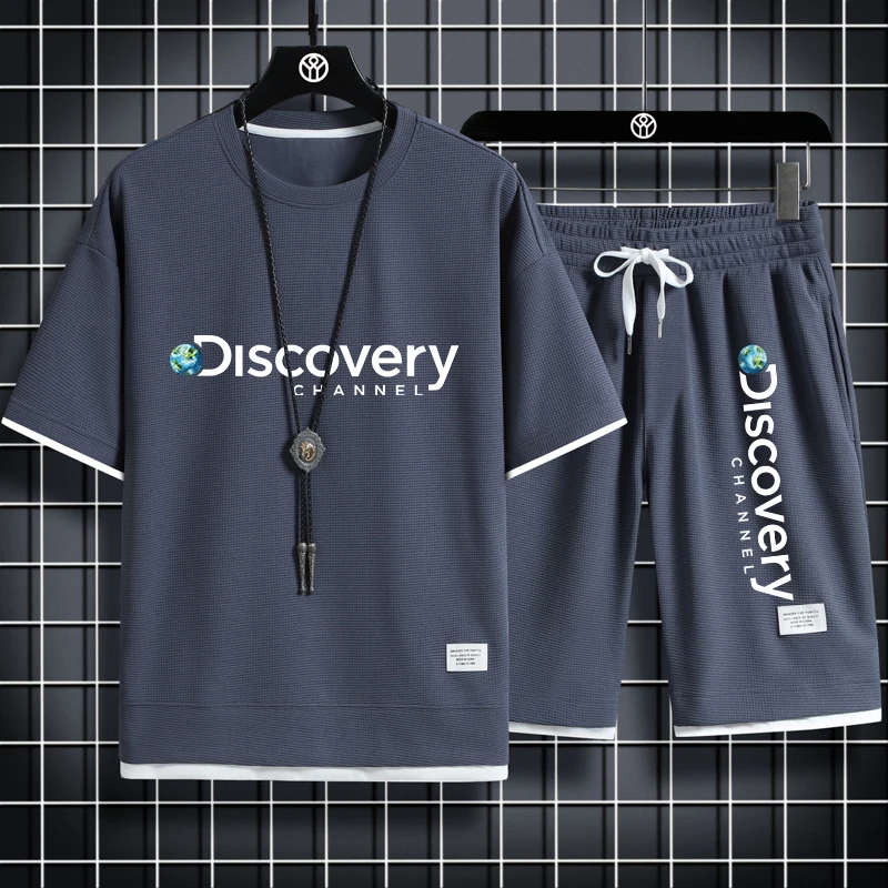 

Summer Discovery Men's Two Piece Set Linen Fabric Casual T-shirt and Shorts Set Mens Sports Suit Fashion Short Sleeve Tracksuit