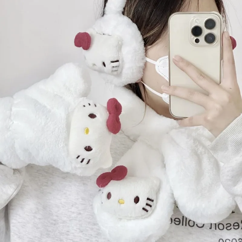 

2023 New Sanrio Stuff Hello Kitty Scarf Gloves Earmuffs Warm Thickened Plush for Women Winter Ins Anime Kawaii Cute Girls Gifts