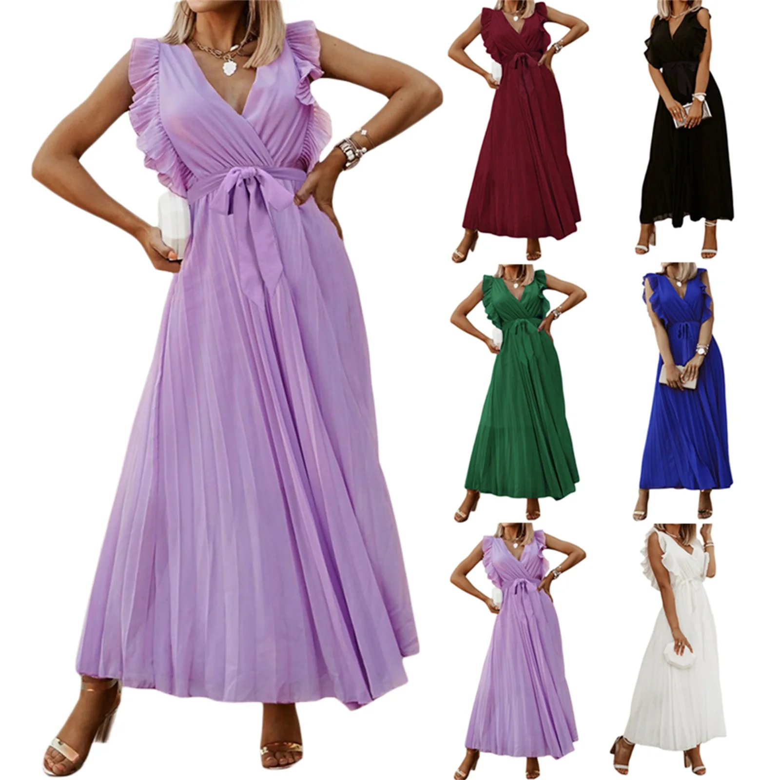 

Women Temperament Long Dress Solid Color Ruffle Sleeve V Neck Pleated Chiffon Dresses with Waistbelt