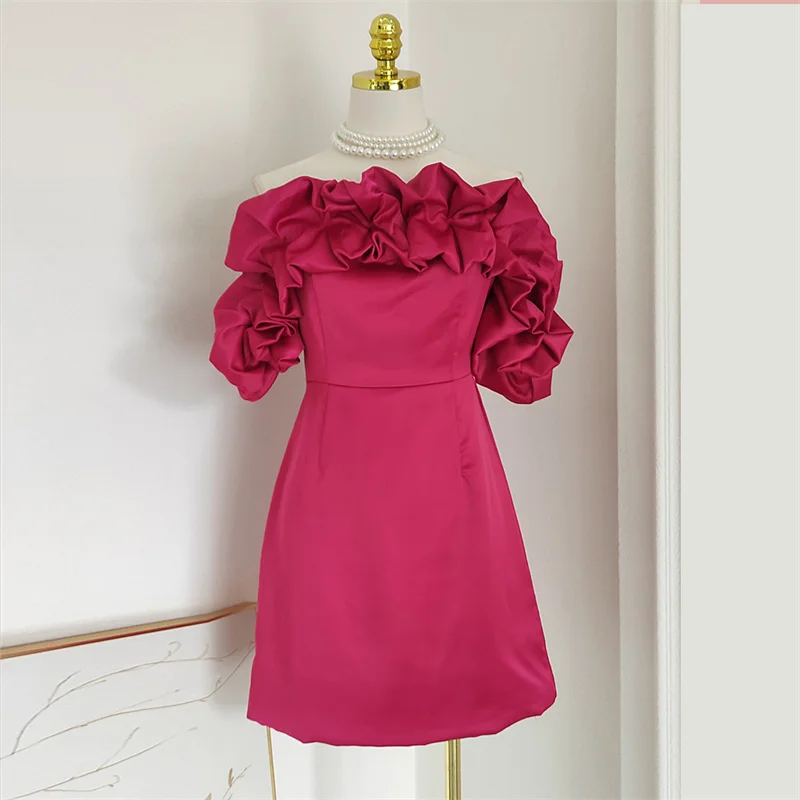 

New Fashion 2023 Women Summer Sexy Strapless Slash Neck Folds Edible Tree Fungus Solid Color Casual Party Mini Dress