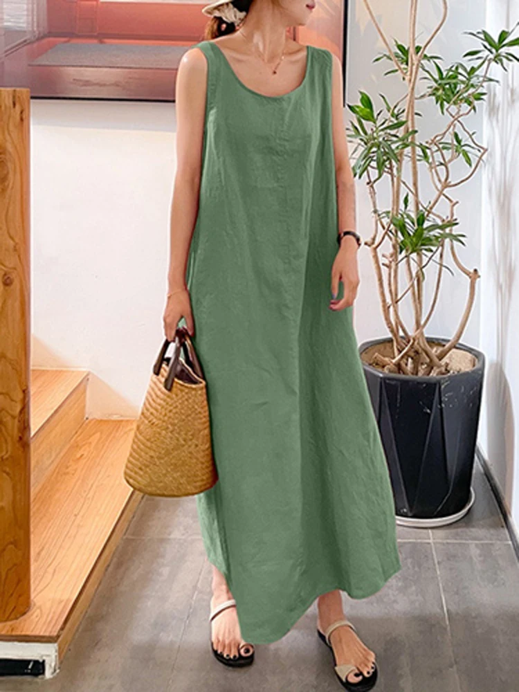 

Basic Casual Sleeveless O Neck Dress Women Summer Fashion Solid Color Loose Long Dress Office Simple Cotton Linen Ladies Dresses