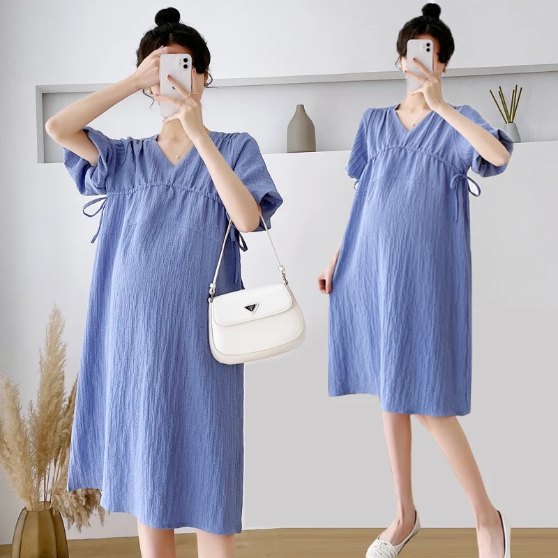 

218# 95% Cotton Maternity Straight Dress Summer Korean Fashion Casual Loose V Neck A Line Drawstring Clothes for Pregnant Women