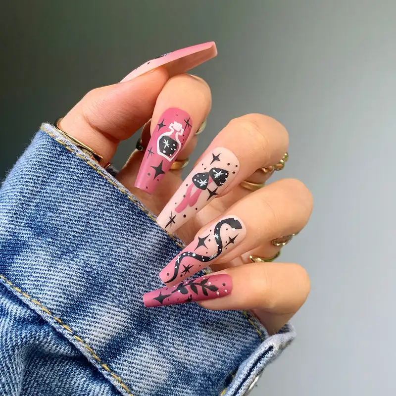 

Blush Rose Gradient Magic Star Paint Coffin Press on Fake glue on Nail