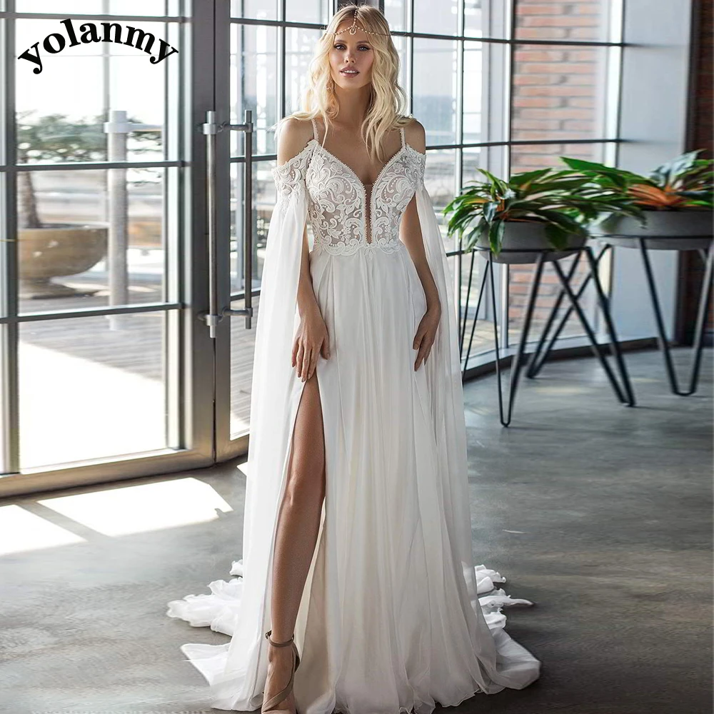 

YOLANMY Appliques Illusion V-Neck Wedding Dresses Spaghetti Strap Slit For Mariages Fairytale Off the Shoulder Made To Order