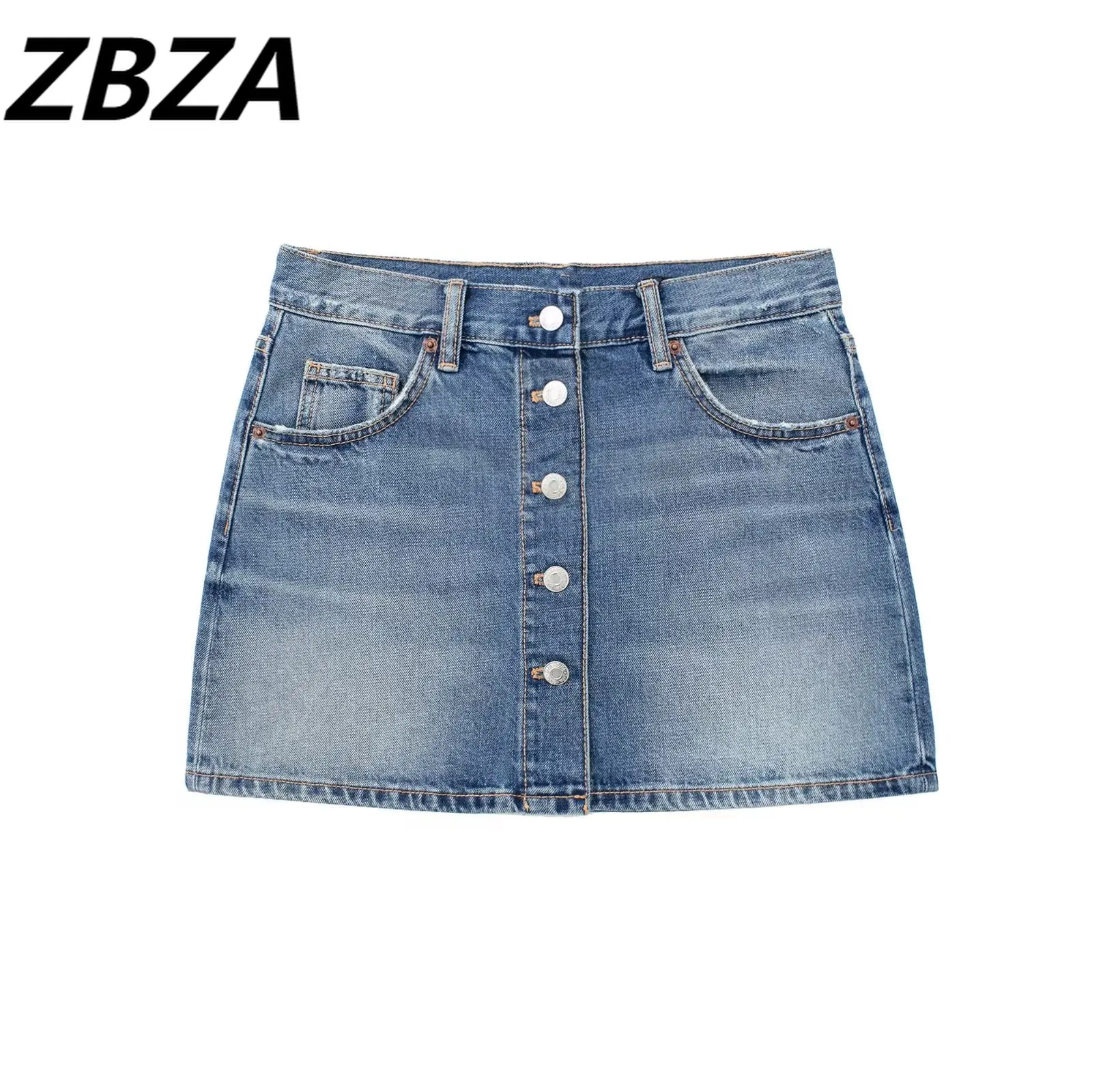 

ZBZA Women 2023 spring New Chic Fashion Denim Mini Skirt Vintage Paikou High Waist pocket Female Skirts Mujer