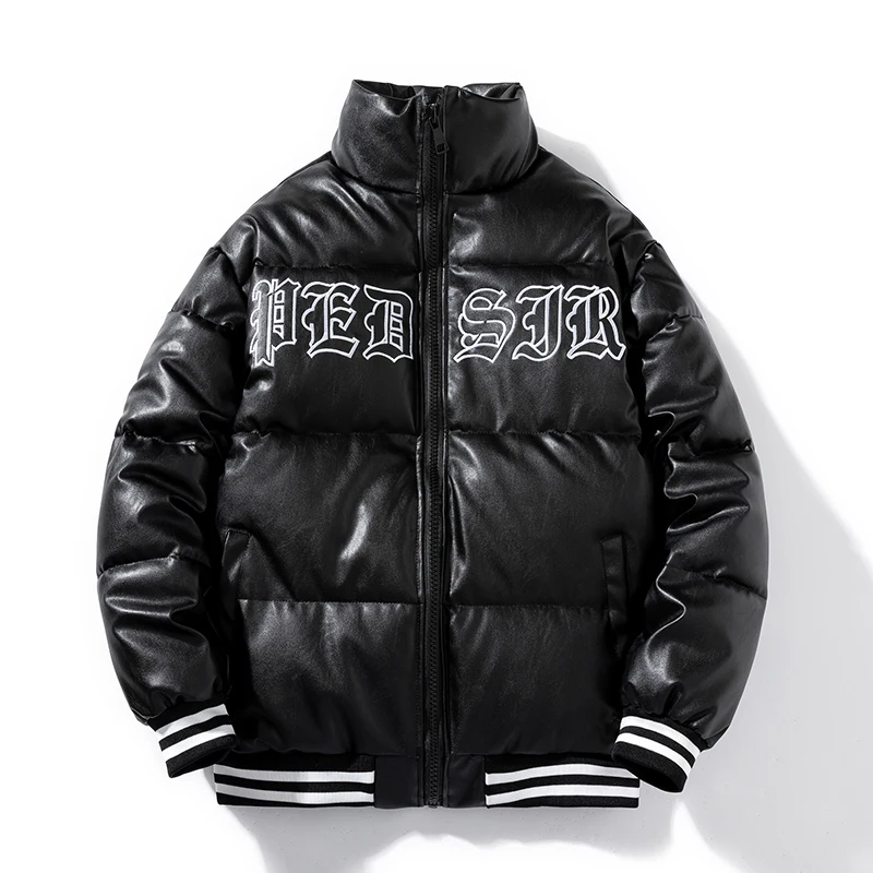 

Casual Varsity Faux Leather Jacket Men Gothic embroidery Parka motorcycle jacket biker coat for Men & Women Windproof Outerwear