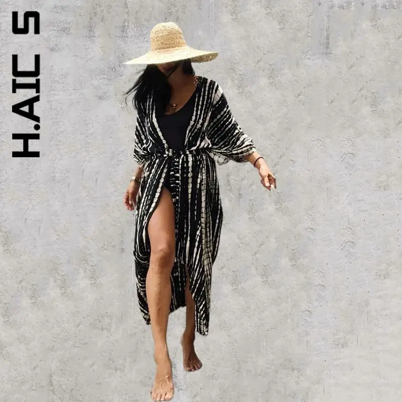 

Женское длинное платье с поясом H. Аик, пляжная накидка с галстуком-бабочкой, винтажный кардиган, базовая женская одежда