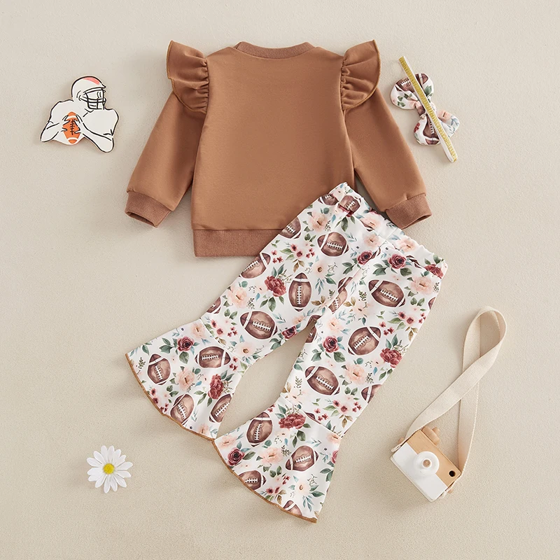2PCS Toddler Girls Outfits Long Sleeve Sweatshirt Football Flower Print Pants Hairband Set Baby Clothes