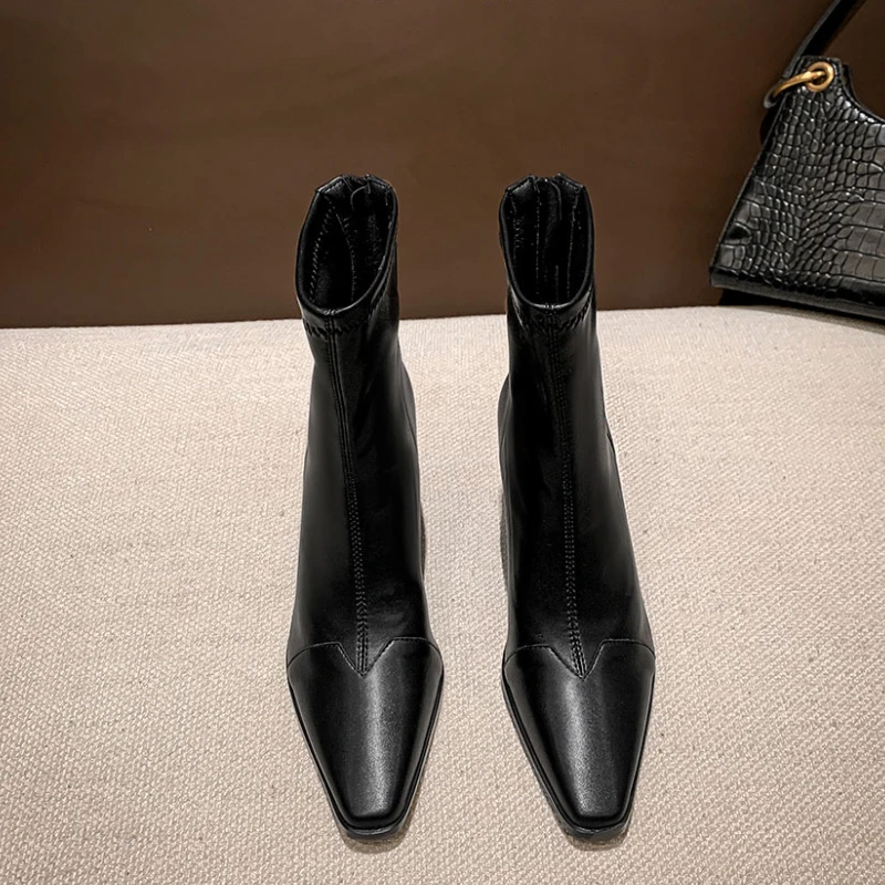 Korean Style Short Boots Women's Autumn and Winter New Pointed Toe Stiletto Back Zipper Sheep Grain Elastic High-heeled Boots