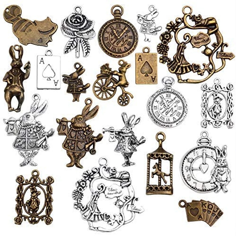 

20PCS Alice in Wonderland Charms Alloy Rabbit Watch Teapot Shape Pendants Beads Charms for Jewelry Making DIY Necklaces Bracelet