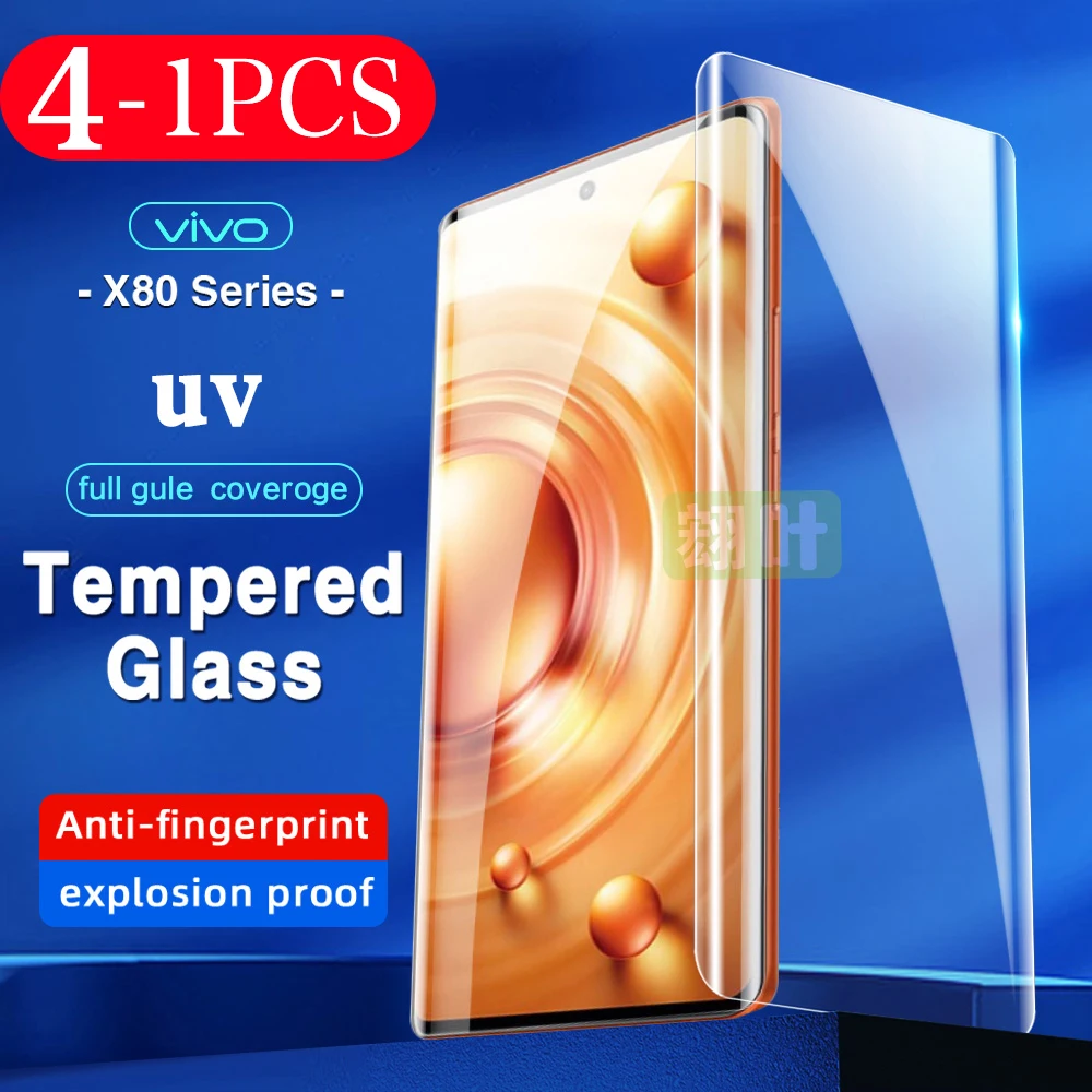 

4-1Pcs 9D cover smartphone For vivo x80 UV Tempered glass x70 x60 x60T X60S x50 pro plus phone screen protector protective film