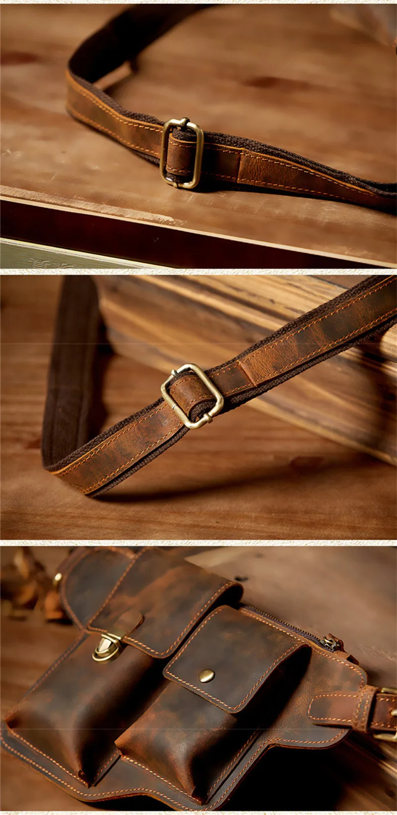 Retro Fashion Crazy Horse cowhide Men Brown Chest Pack Everyday Outdoor Designer natural real leather Sports Waist Bag for Teens