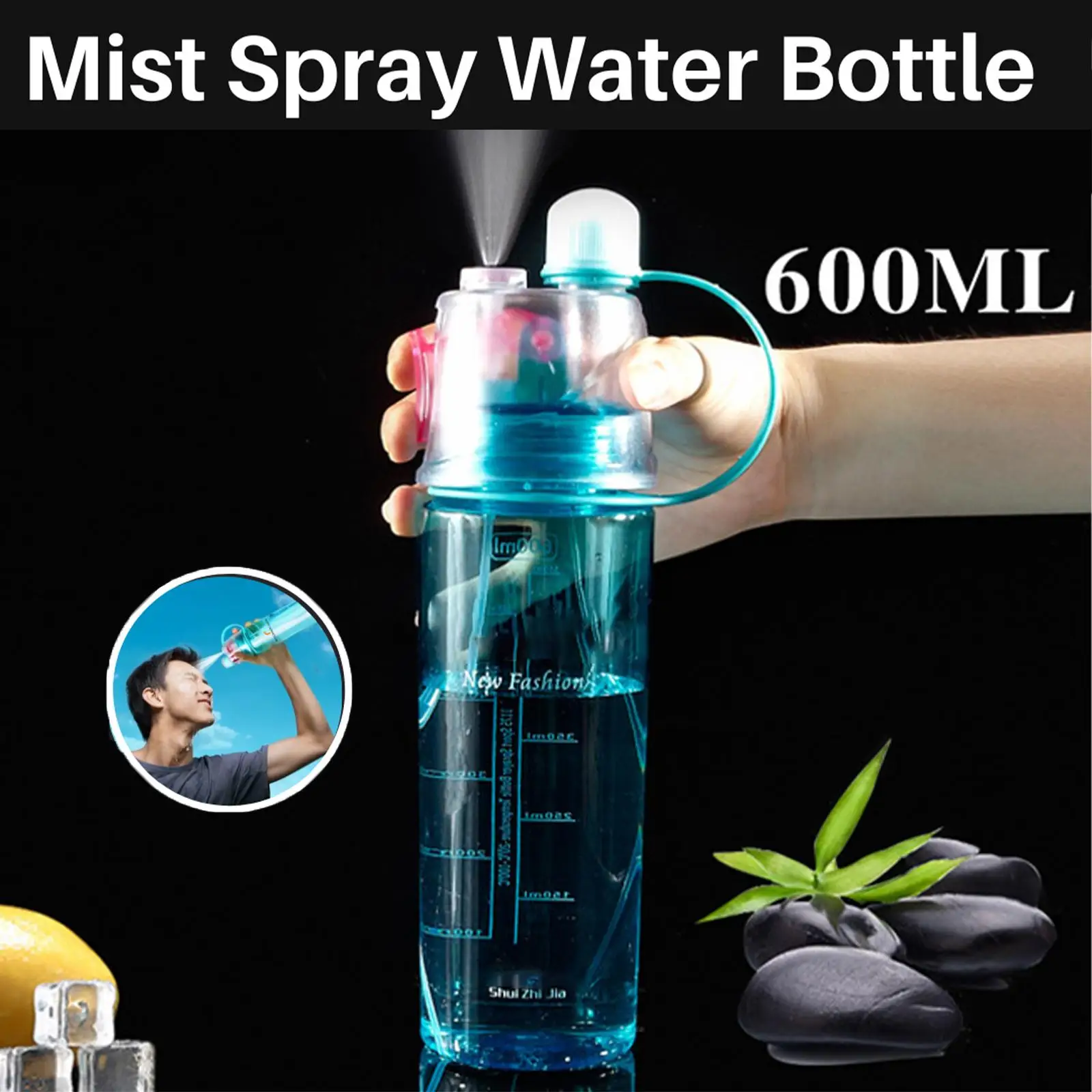 

New 600ml PC Mist Spray Water Bottle High Capacity Summer Ice Cold Bottle Sports Outdoor Drinking Kettle For Adults Kids U7R7