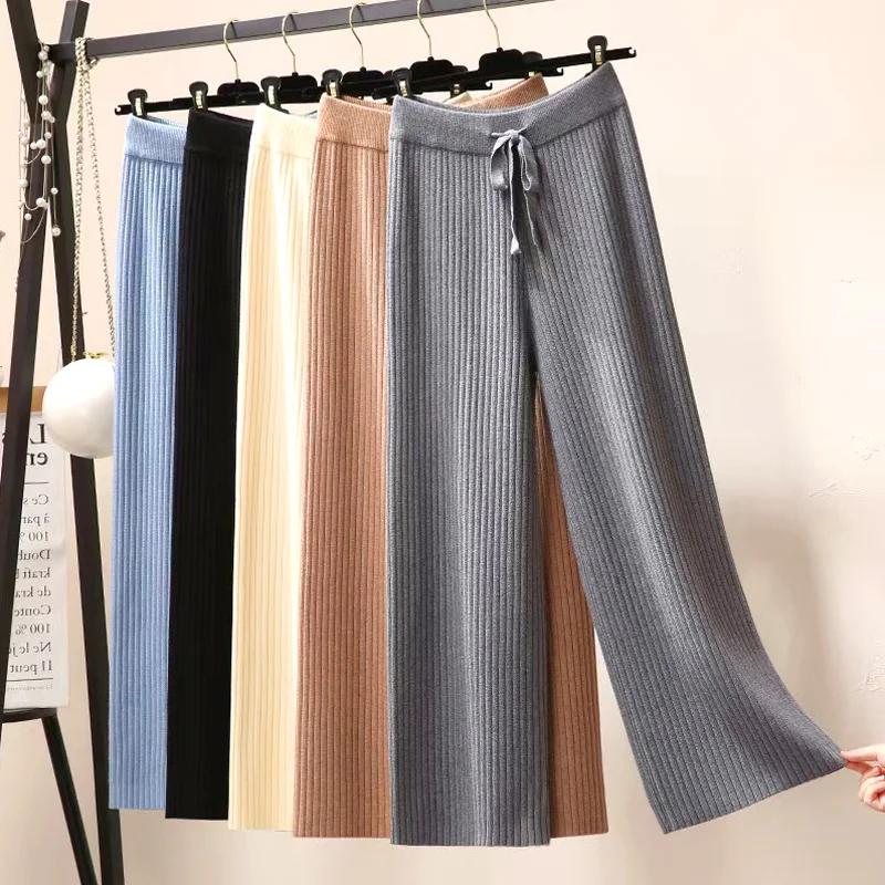 

2023 Fashion Solid Color High-waist Wide-leg Pants Autumn And Winter Trendy Loose Knit Straight-leg Pants Lace-up Women Clothing