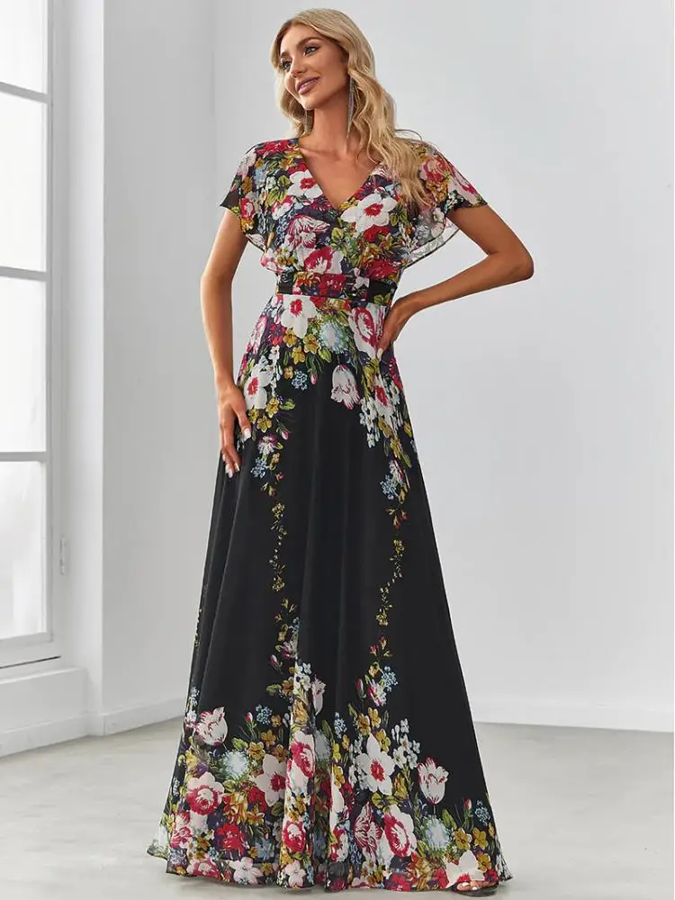 

Elegant Evening Dresses Long A-LINE V Neck Ruffles Sleeves Floor-Length Gown 2022 Ever Pretty of Chiffon Bridesmaid Women Dress