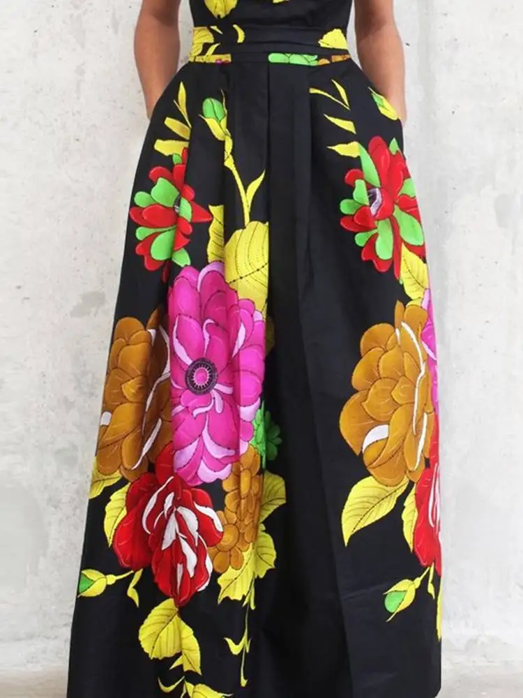 

VONDA Bohemian Women Casual Summer Maxi Skirts Vintage Elastic Waist Long Pockets Faldas Saias Floral Printed Swing Party Jupe