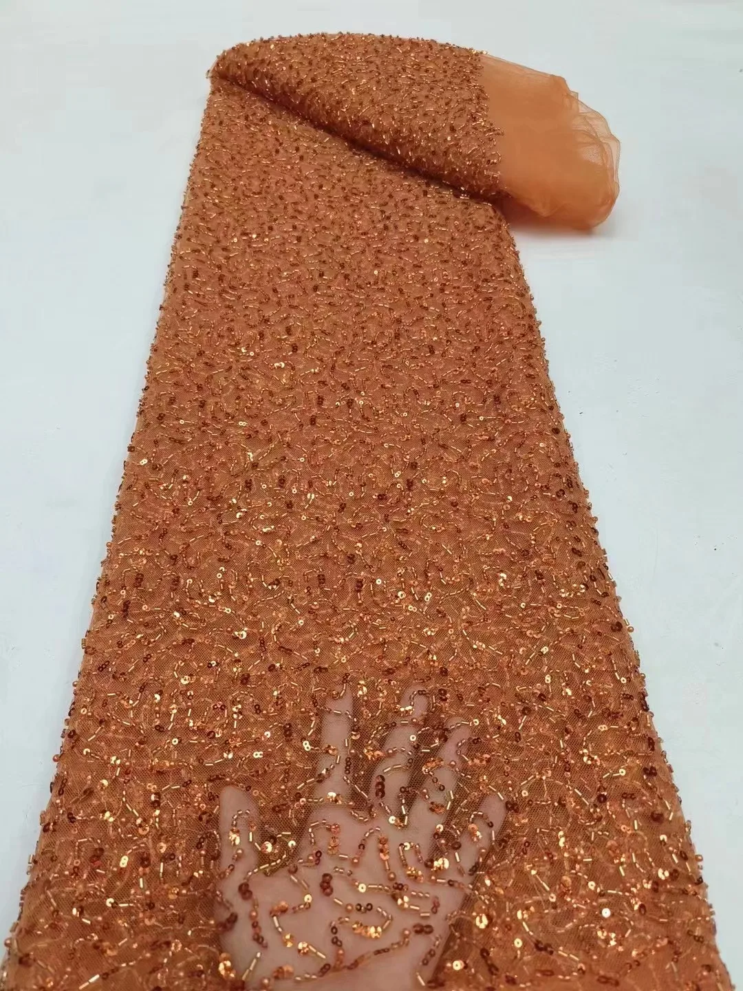 

African Lace Fabric Orange 2023 With Beads Embroidery Sequins French Net Lace Tulle Mesh Fabrics Blue Lace For Wedding Dress
