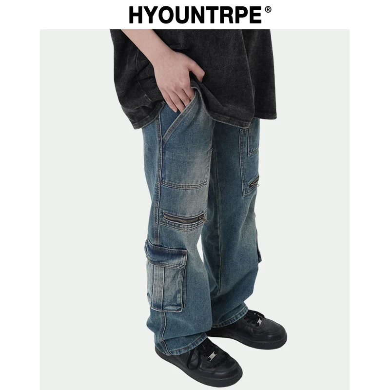 Mens Fashion Straight Denim Jean Pants Unisex Casual Side Big Pocket High Street Cargo Jean Trousers Streetwear Zipper Joggers