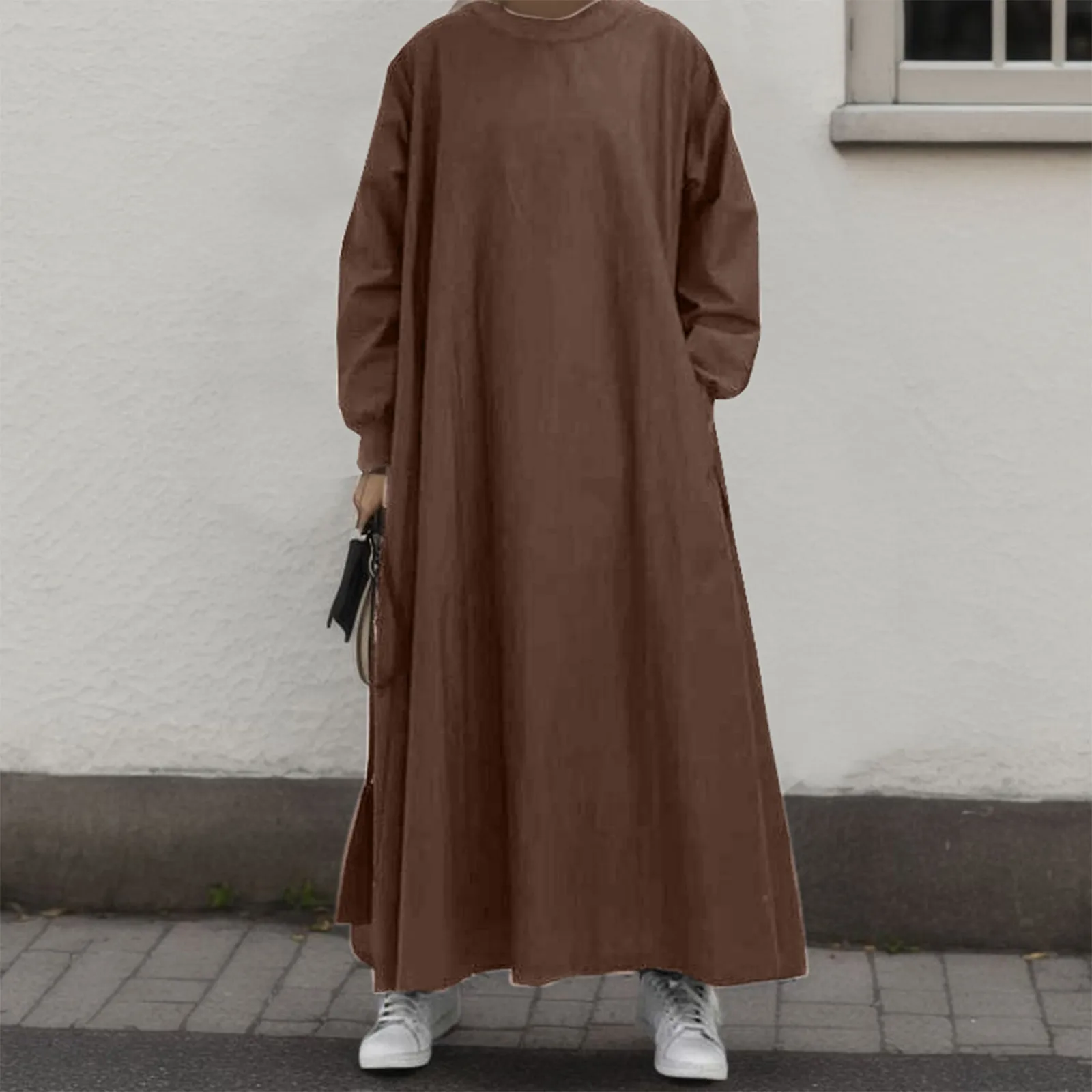 

Женское Хлопковое платье с длинным рукавом и круглым вырезом